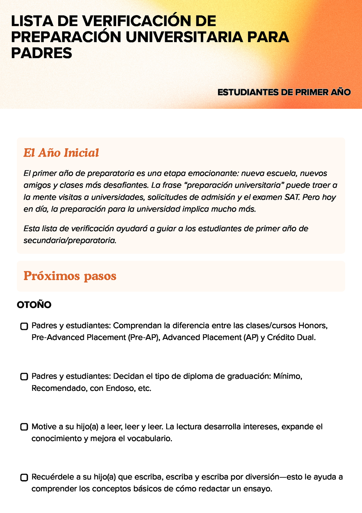 9th Grade – Freshman Parent Guide & Checklist (Spanish)