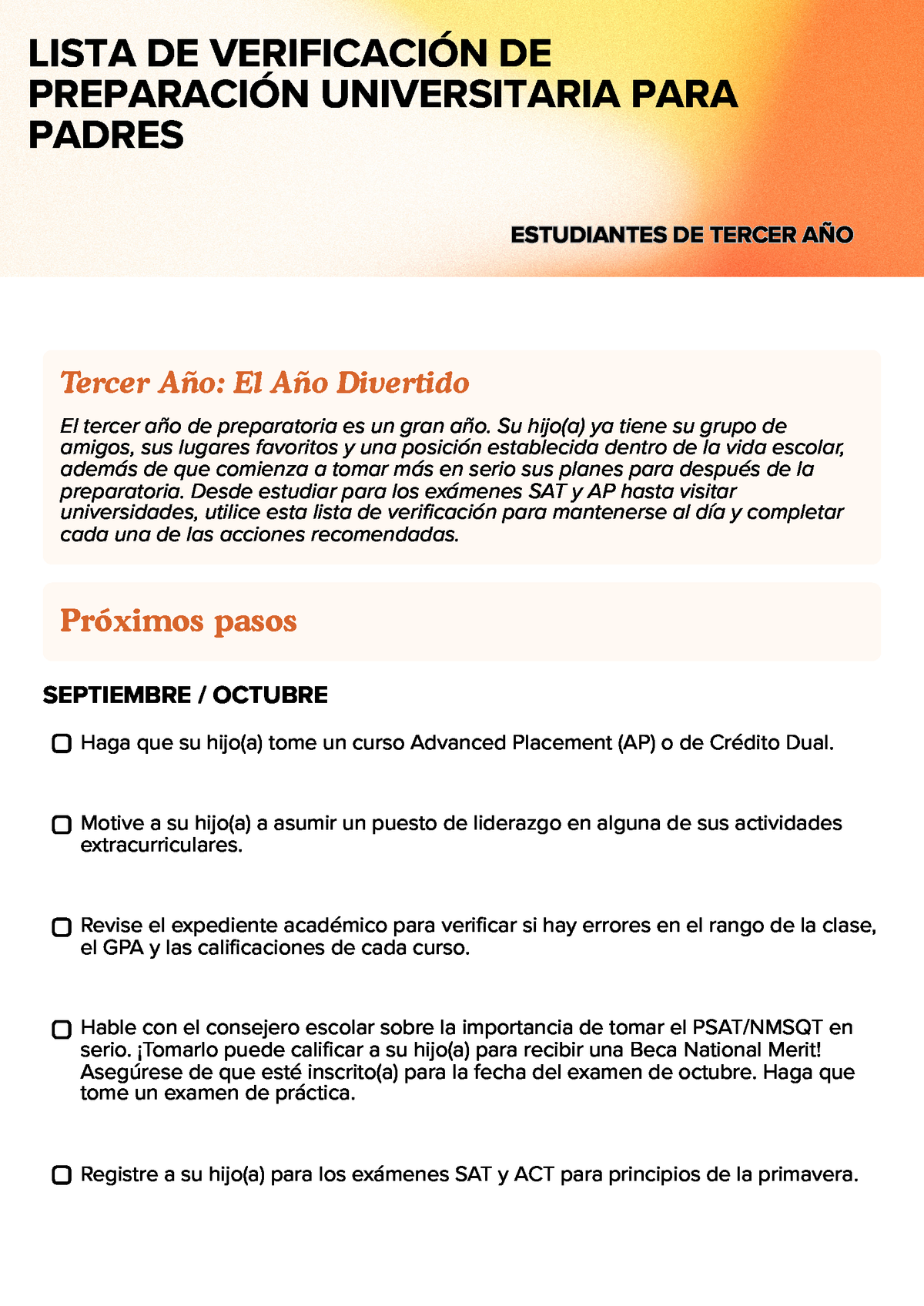 11th Grade – Junior Parent Guide & Checklist (Spanish)