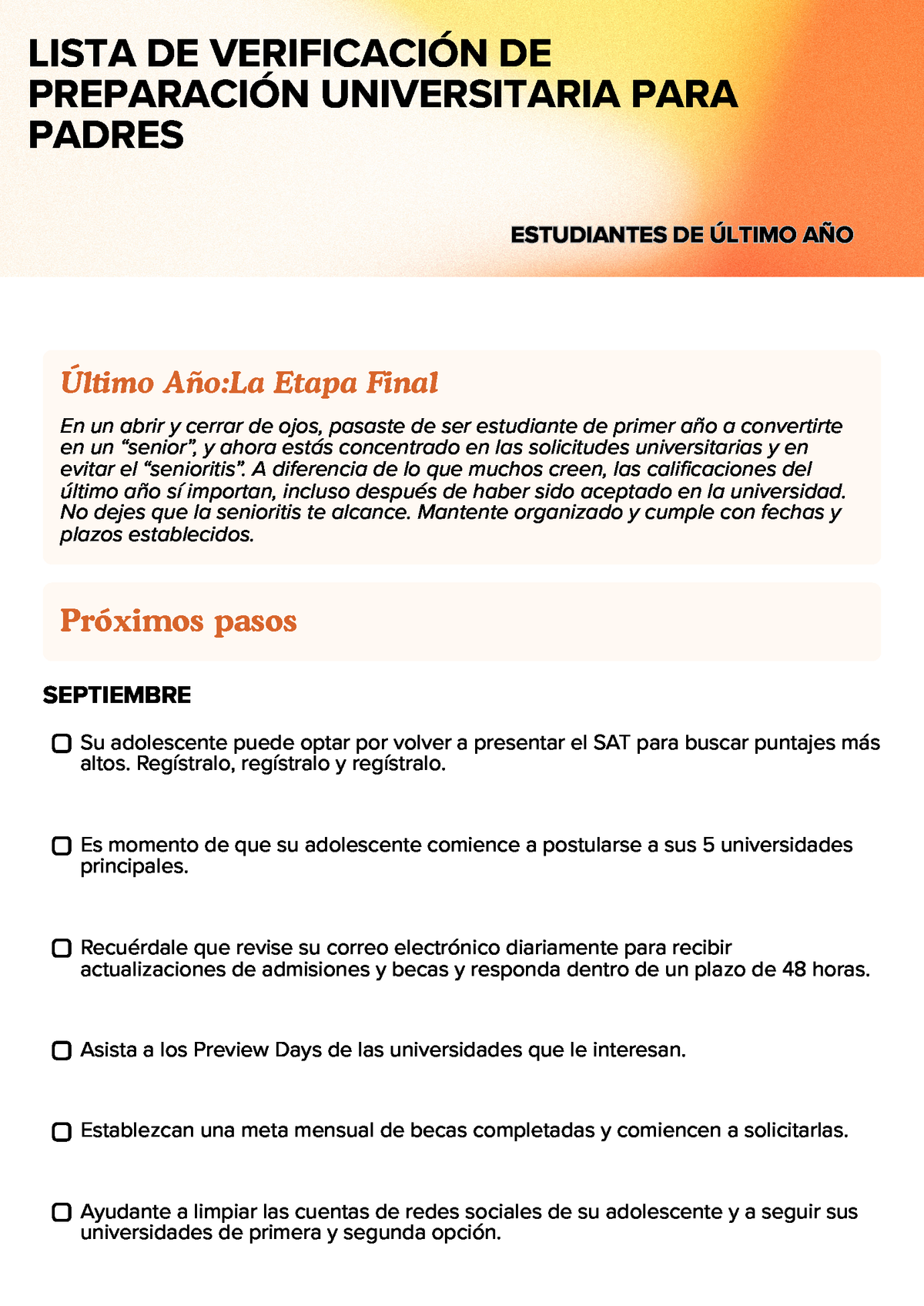 12th Grade – Senior Parent Guide & Checklist (Spanish)